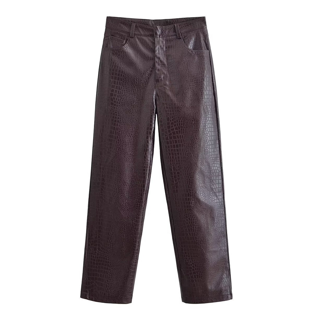 Damen Hochtaillierte Straight-Leg Kunstlederhose mit Krokoprägung Nord Taschen