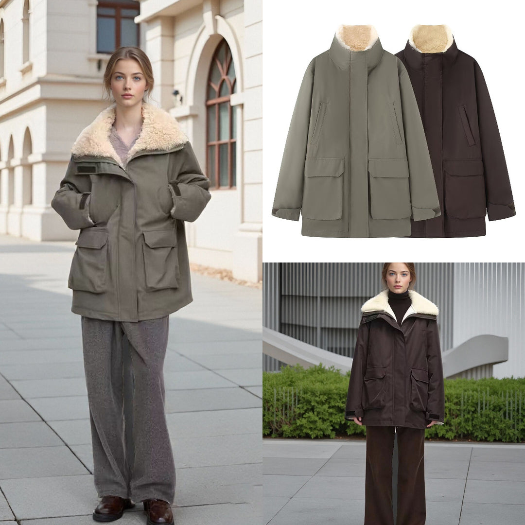 Damen Wattierte Parka‑Jacke mit hohem Teddykragen und aufgesetzten Klappentaschen Nord Taschen