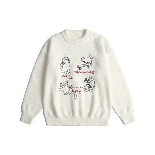 Damen Weicher Pullover mit verspielter Katzenstickerei und leichtem Stehkragen Nord Taschen