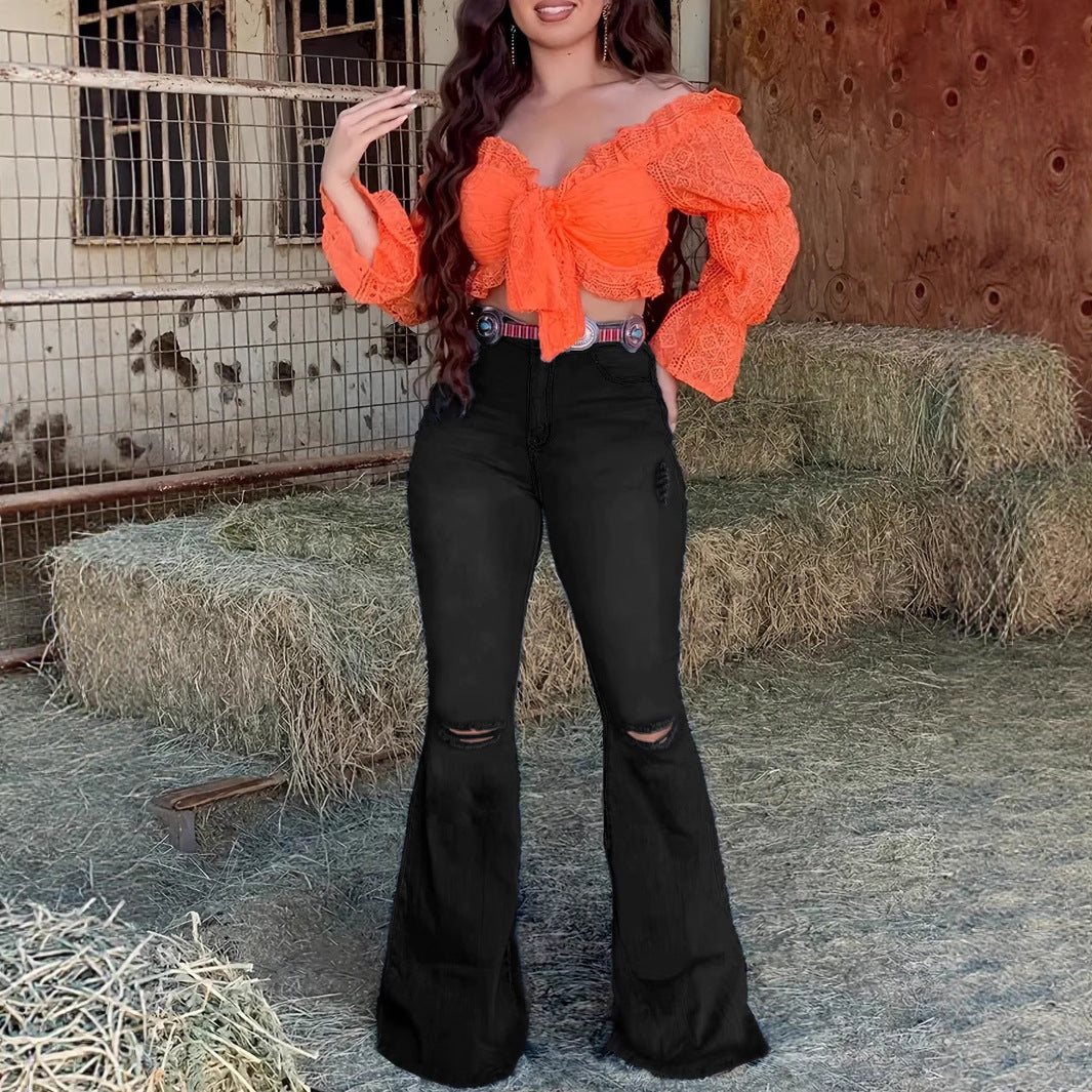 Damen High-Waist Bootcut-Jeans mit Knie-Rissen und figurbetontem Sculpting-Schnitt Nord Taschen