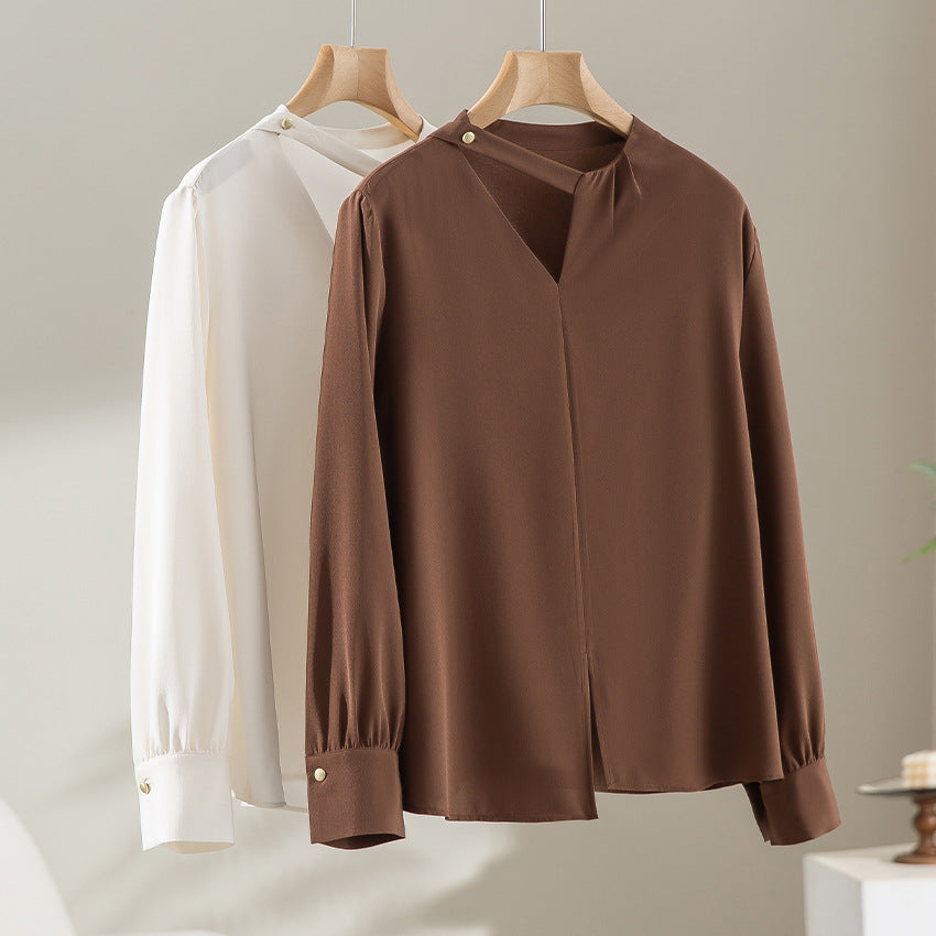 Damen elegante oversized Bluse mit asymmetrischem V-Ausschnitt und Manschetten Nord Taschen