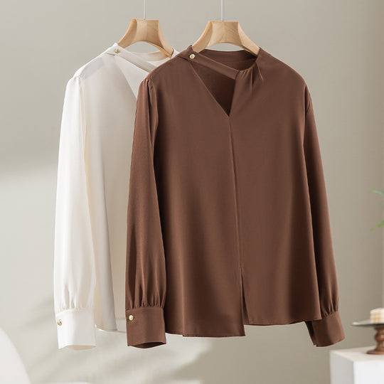 Damen elegante oversized Bluse mit asymmetrischem V-Ausschnitt und Manschetten Nord Taschen