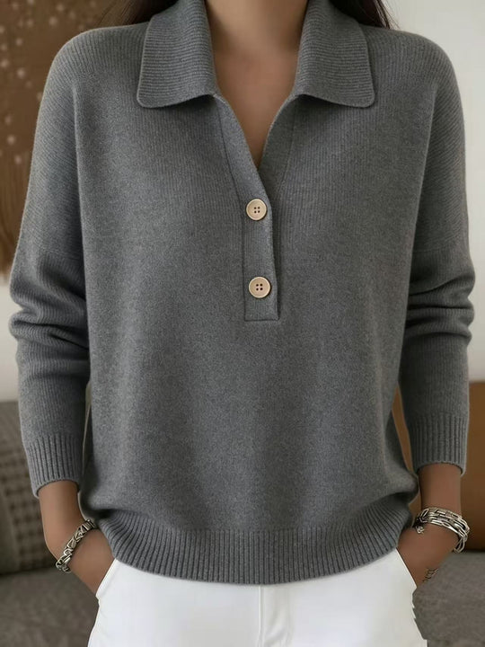 Damen lässiger Feinstrickpullover mit Polokragen und Zwei-Knopf-Leiste Nord Taschen