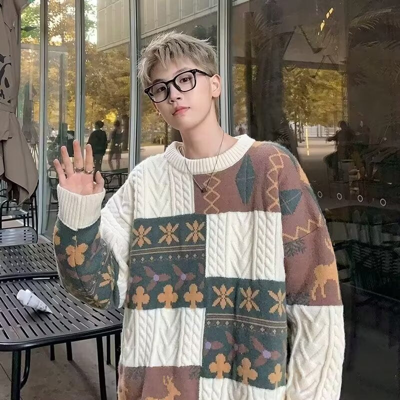 Damen Gemusterter Oversized Pullover mit Stehkragen Nord Taschen