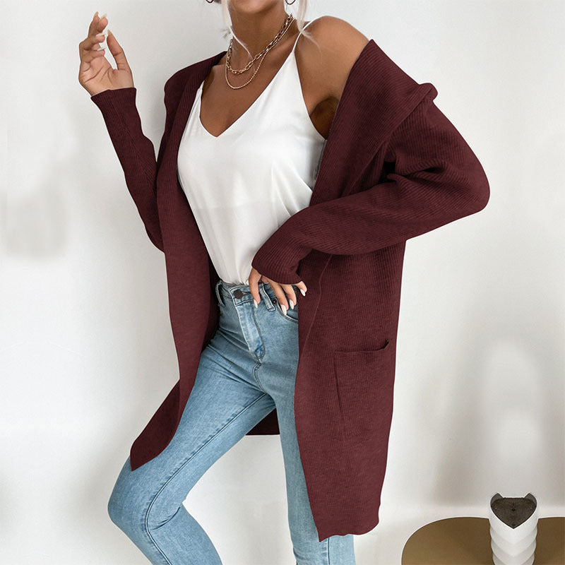 Damen Langärmlige Strickjacke mit Kapuze und seitlichen Taschen