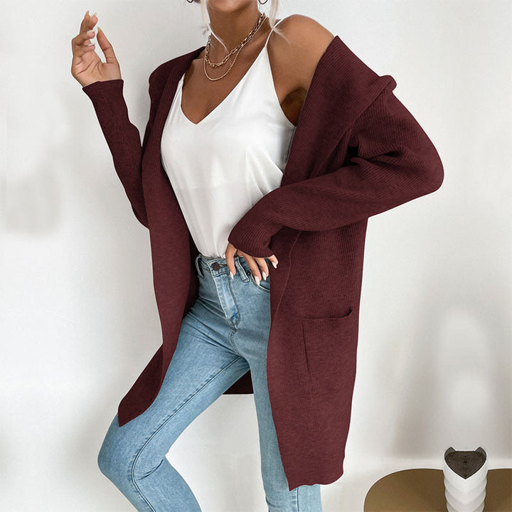 Damen Langärmlige Strickjacke mit Kapuze und seitlichen Taschen