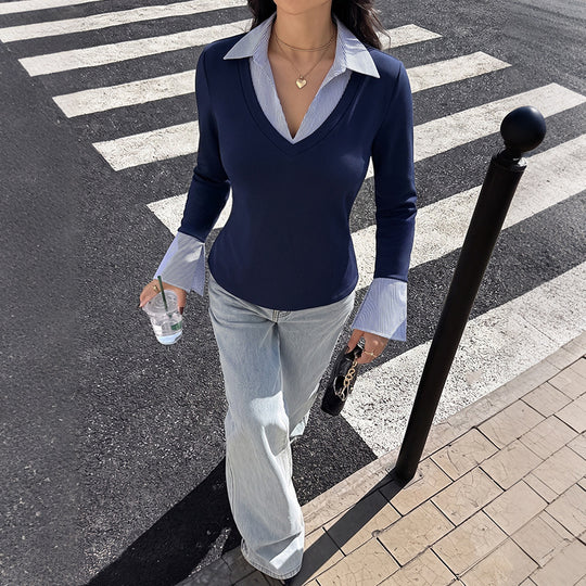 Damen Tailliertes Layering-Langarmshirt mit Hemdblusenkragen und ausgestellten Manschetten Nord Taschen