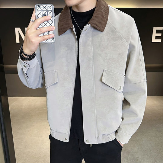 Herren Oversize Utility-Bomberjacke aus Kunstleder mit geripptem Saum und Hemdkragen Nord Taschen