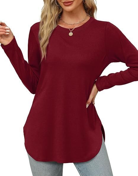 Damen Lässiges Longsleeve-Tunikaoberteil mit Rundhalsausschnitt, Seitenschlitzen und Aquarell-Blattprint Nord Taschen