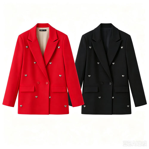 Damen Doppelreihiger Blazer mit herzförmigen Metallknöpfen, Pattentaschen und tailliertem Schnitt Nord Taschen