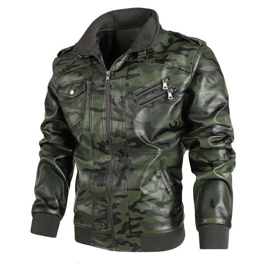 Herren Camouflage-Kunstleder-Bomberjacke im Pilotenstil mit Rippbündchen und Zipper-Taschen Nord Taschen