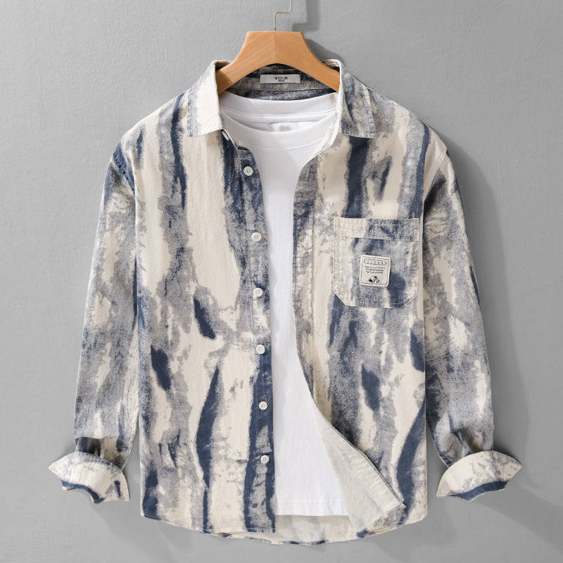 Herren Lockeres Hemdjacken-Overshirt aus Leinen-Baumwollmix mit abstraktem Brush‑Print und Kentkragen Nord Taschen