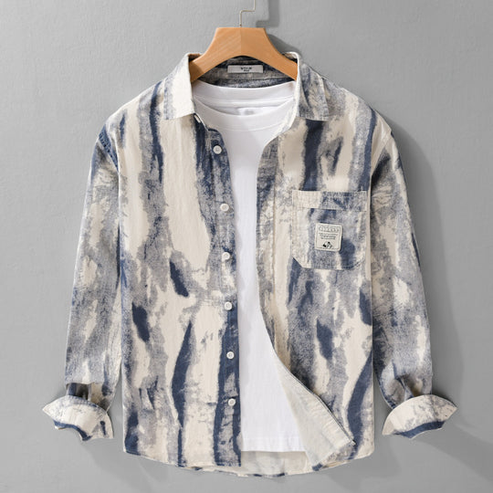 Herren Lockeres Hemdjacken-Overshirt aus Leinen-Baumwollmix mit abstraktem Brush‑Print und Kentkragen Nord Taschen
