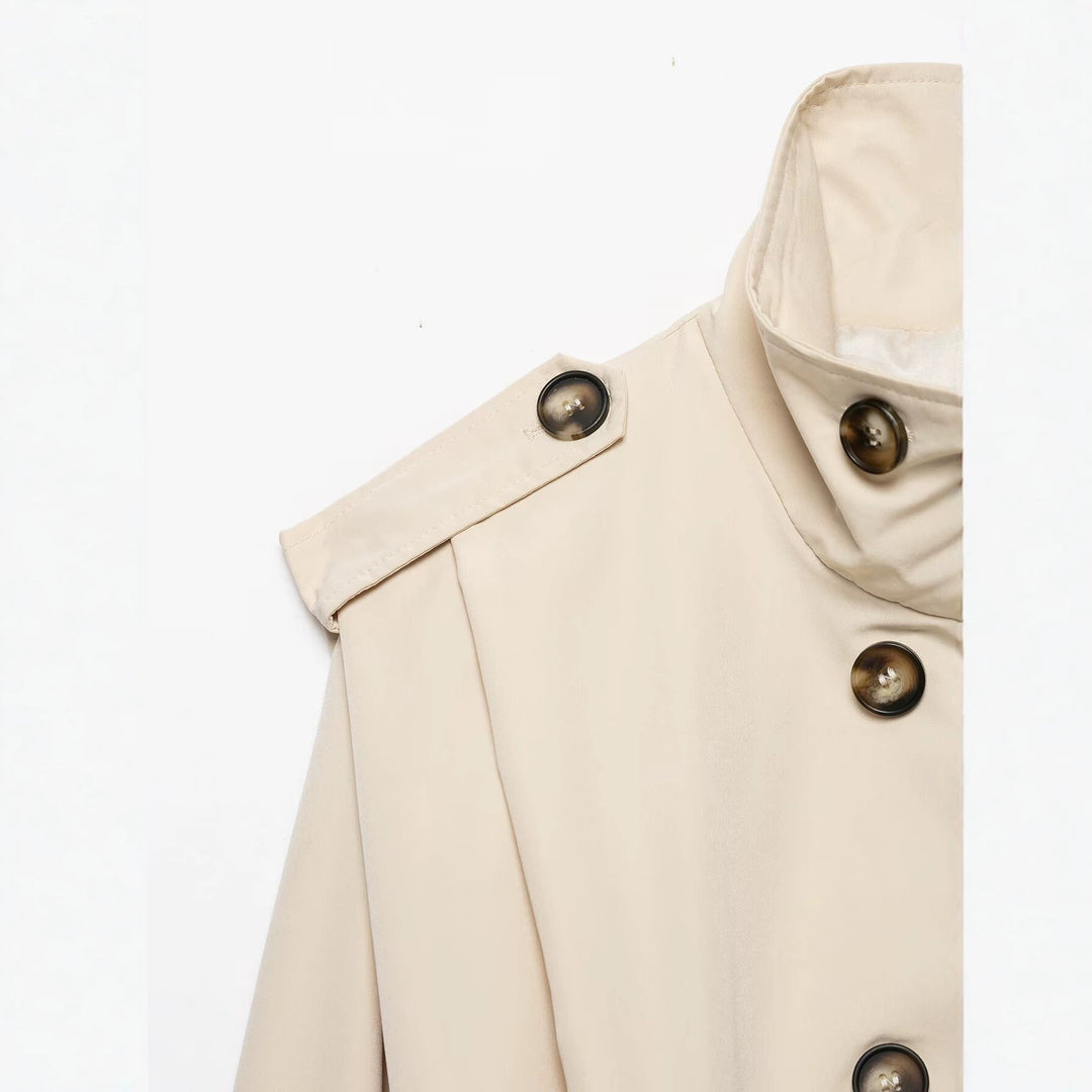 Damen Cropped Doppelreihige Trenchjacke mit Funnelkragen und Tunnelzugsaum Nord Taschen