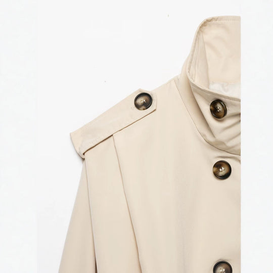 Damen Cropped Doppelreihige Trenchjacke mit Funnelkragen und Tunnelzugsaum Nord Taschen
