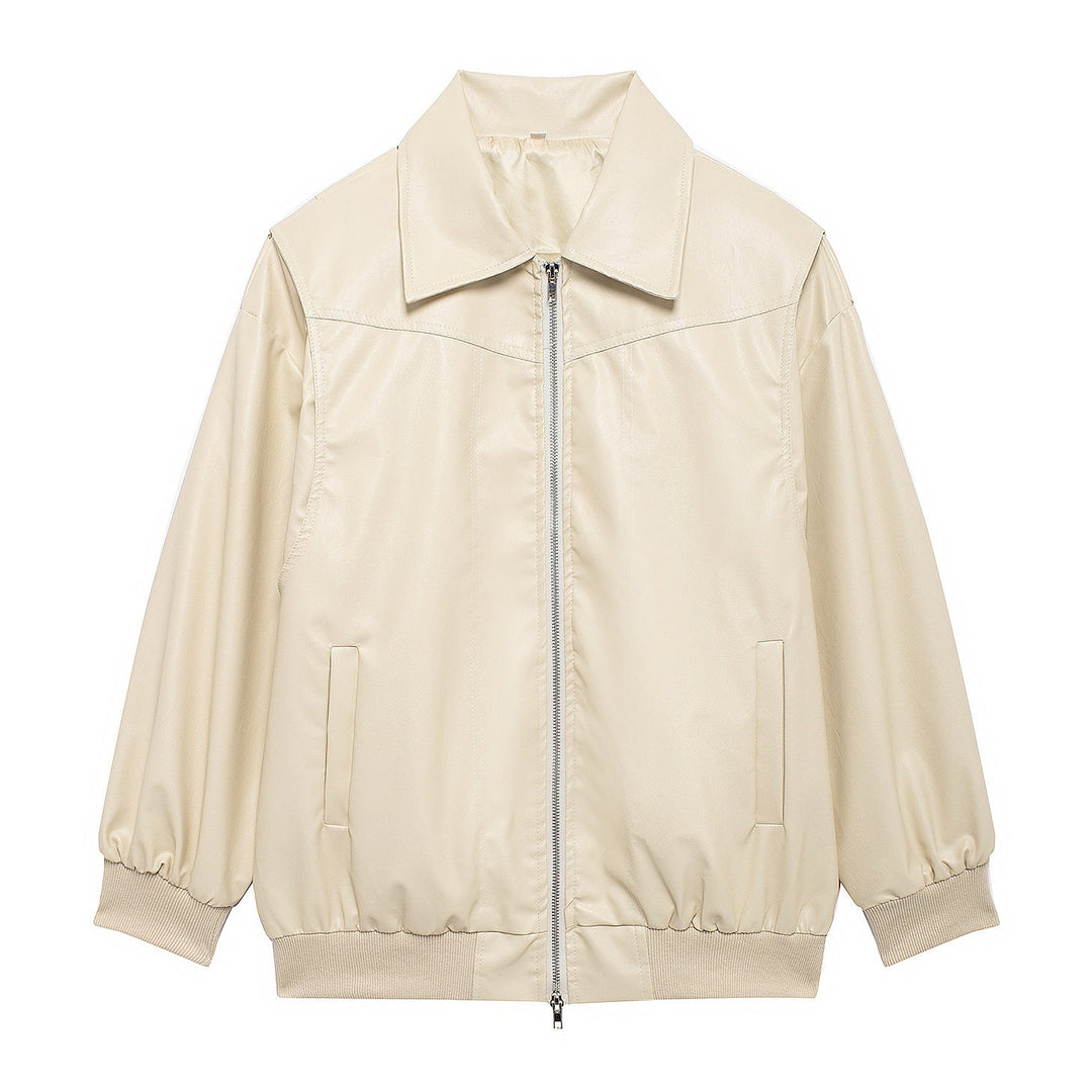 Damen Kunstlederjacke mit elastischen Bündchen und hochschließendem Kragen
