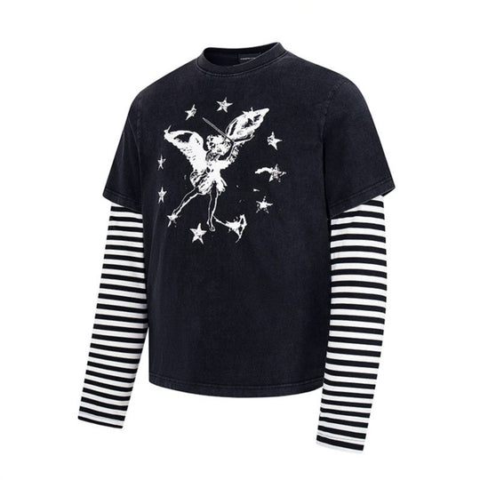Damen Lagen-Langarmshirt mit gestreiften Unterärmeln und Vintage-Engel-Print Nord Taschen