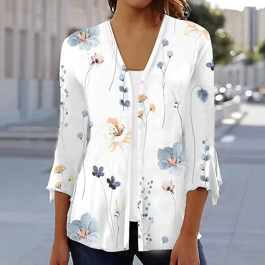 Damen nan leichte Chiffonbluse mit Aquarellblumenprint, V‑Ausschnitt, Knopfleiste und dreiviertelärmeln