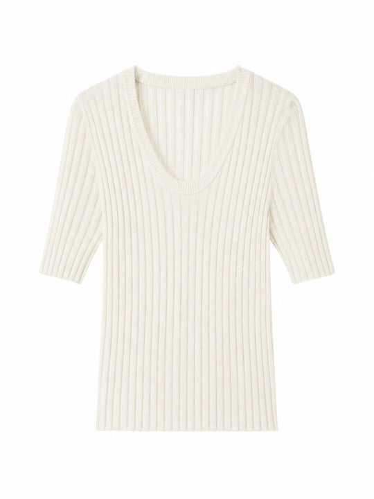 Damen Geripptes Feinstrickshirt mit tiefem U-Ausschnitt und halblangen Ärmeln Nord Taschen