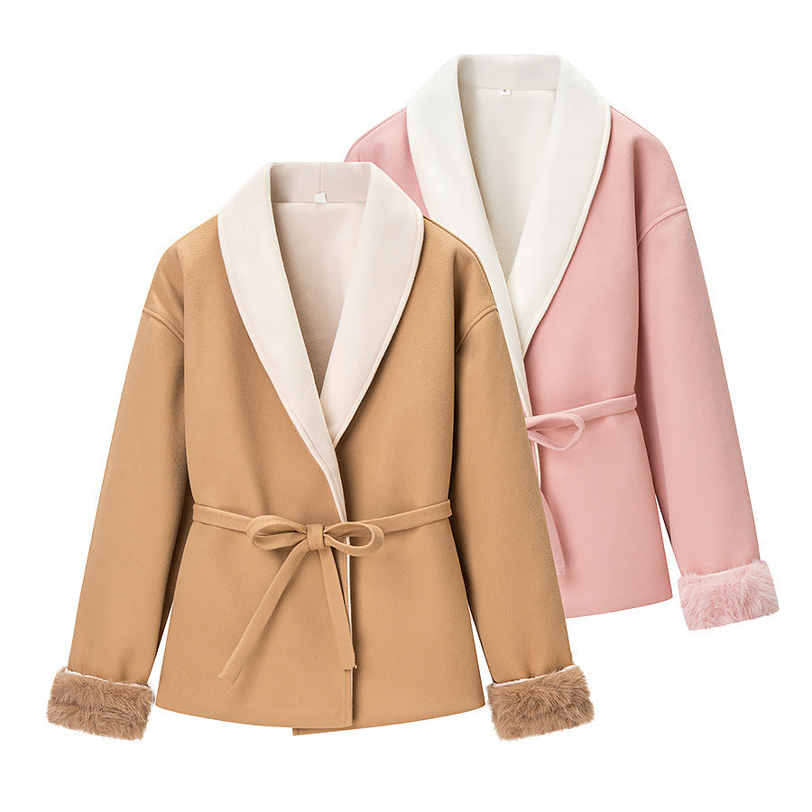 Damen Kurzblazer‑Mantel mit Kimono‑Schalkragen, Taillengürtel und Kunstfell‑Bündchen Nord Taschen