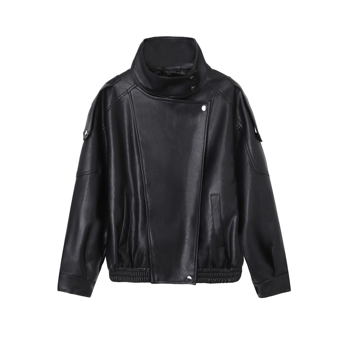 Damen Oversize-Kunstlederjacke mit hohem Stehkragen und asymmetrischer Blende Nord Taschen