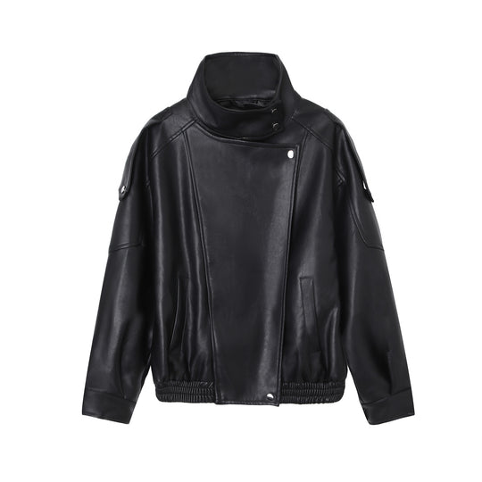 Damen Oversize-Kunstlederjacke mit hohem Stehkragen und asymmetrischer Blende Nord Taschen