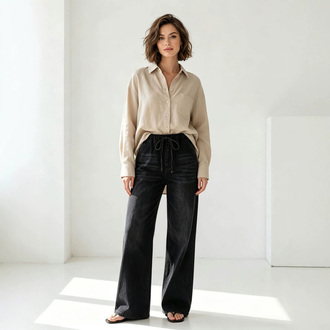 Damen Relaxed-Fit Denim-Hose mit elastischem Tunnelzugbund, dezentem Used-Effekt und weitem Bein Nord Taschen