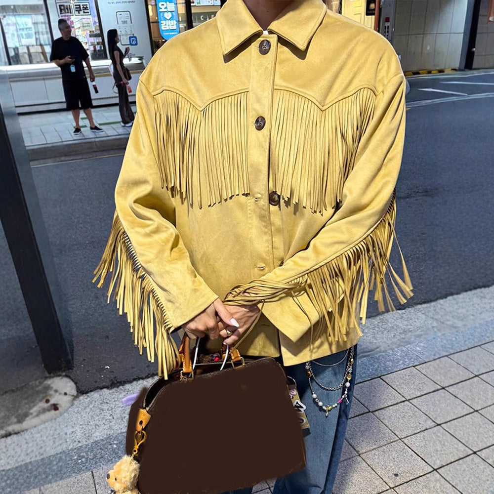 Damen Oversize Fransenjacke im Westernstil aus Veloursleder-Optik mit Hemdkragen Nord Taschen