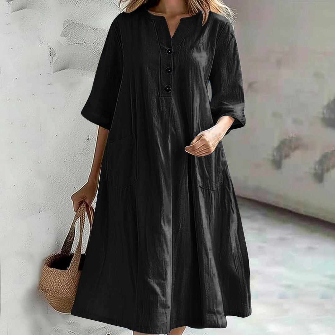 Damen lässiges Leinenkleid mit praktischen Taschen und Knopfdetails
