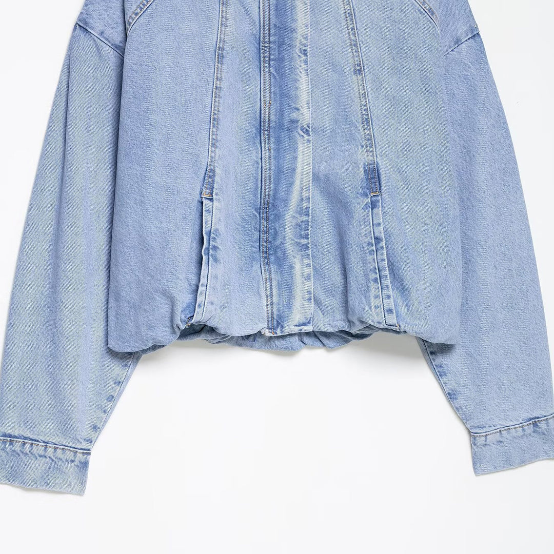 Damen Oversize Denim-Blouson mit hohem Stehkragen und elastischem Saum Nord Taschen