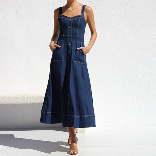 Damen langes Jeanskleid mit Knopfleiste und praktischen Taschen