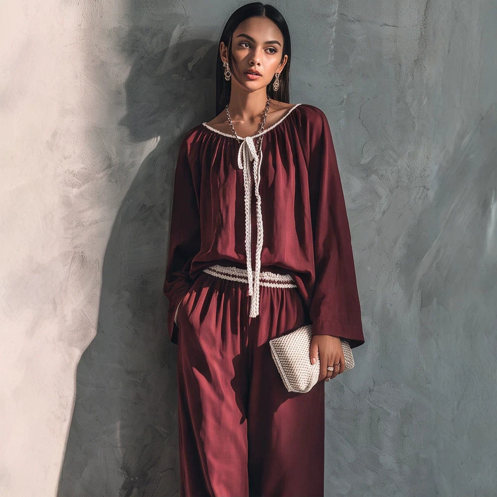 Damen Fließendes zweiteiliges Loungewear-Set aus Seidenoptik mit weiter Palazzohose und geraffter Tunika Nord Taschen