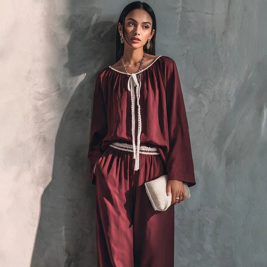 Damen Fließendes zweiteiliges Loungewear-Set aus Seidenoptik mit weiter Palazzohose und geraffter Tunika Nord Taschen