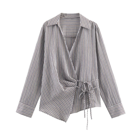 Damen 10+ asymmetrische Wickelbluse mit Tunnelzug, Hemdkragen und langen Ärmeln Nord Taschen