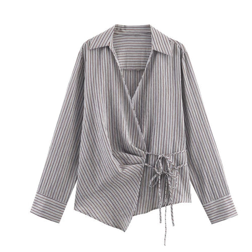 Damen 10+ asymmetrische Wickelbluse mit Tunnelzug, Hemdkragen und langen Ärmeln Nord Taschen