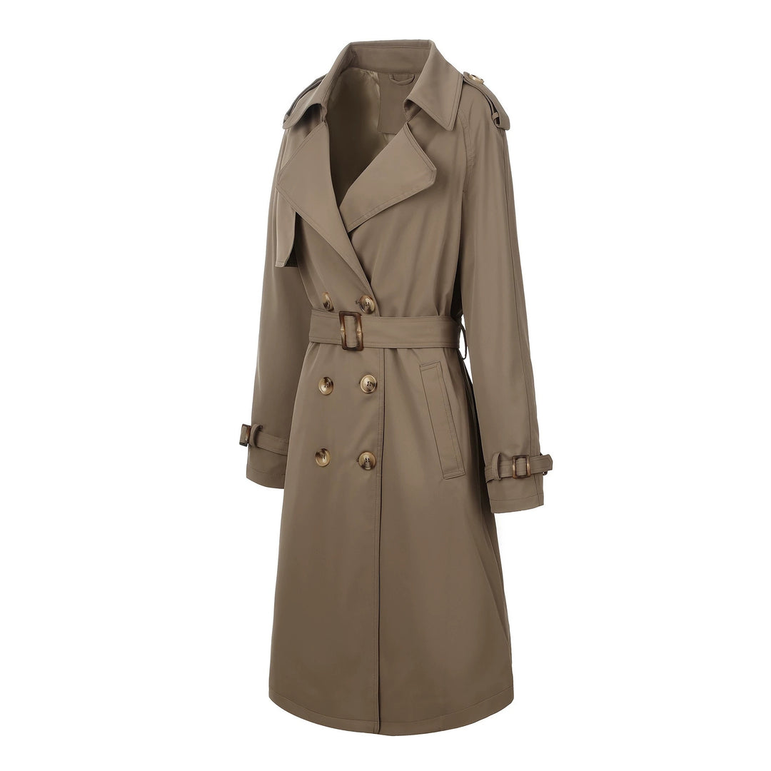 Damen Langer Doppelreihiger Trenchcoat mit Taillengürtel und Epauletten Nord Taschen
