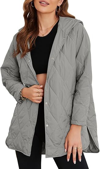 Damen gesteppte Kapuzenjacke mit Druckknopfleiste, seitlichen Schlitzen und mittlerer Länge Nord Taschen