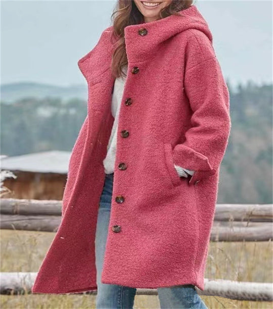 Damen Bouclé-Kapuzenmantel im Oversize-Schnitt mit verdeckter Knopfleiste Nord Taschen