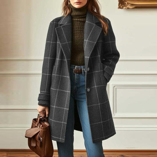 Damen Karierter Wollmix-Mantel mit Oversize-Schulter und klassischem Revers Nord Taschen