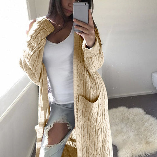 Damen Langer Oversize Zopfmuster-Strickcardigan mit Eingrifftaschen Nord Taschen