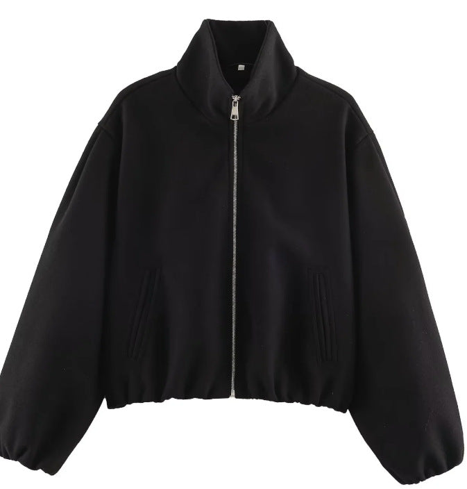 Damen Kurz geschnittene Bouclé‑Blousonjacke mit Stehkragen, elastischem Saum und Ballonärmeln Nord Taschen