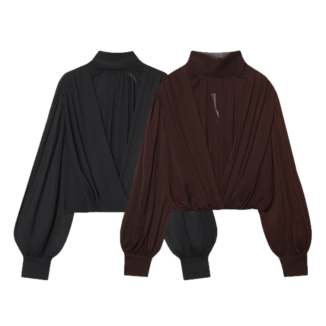 Damen Kurzgeschnittene Wickelbluse mit Stehkragen und voluminösen Ballonärmeln Nord Taschen