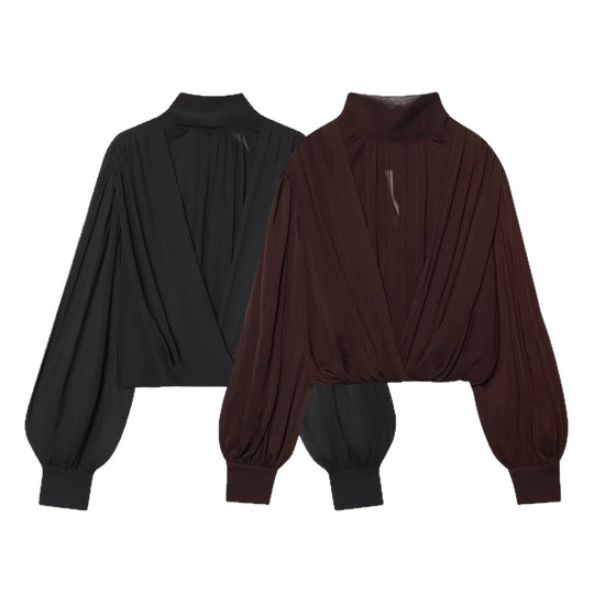 Damen Kurzgeschnittene Wickelbluse mit Stehkragen und voluminösen Ballonärmeln Nord Taschen