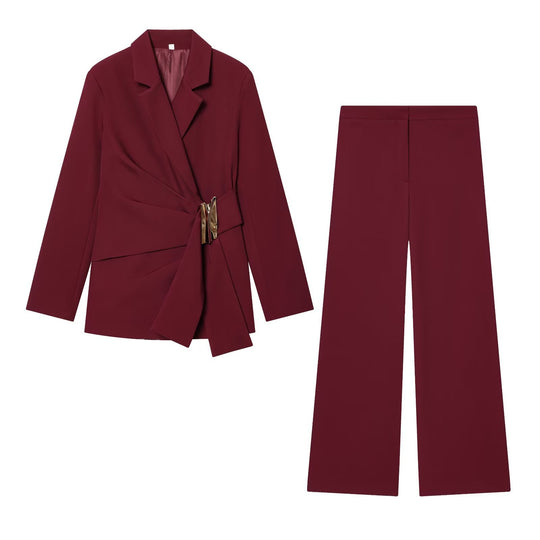 Damen Zweiteiliges Wickelblazer- und Palazzo-Anzugset mit Ziergürtel Nord Taschen