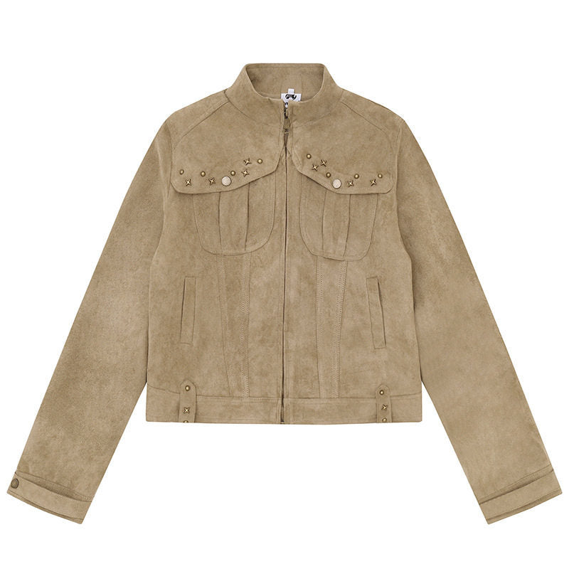 Damen Kurz geschnittene Velourslederjacke mit Stehkragen, Zier‑Nieten und Pattentaschen Nord Taschen