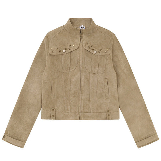 Damen Kurz geschnittene Velourslederjacke mit Stehkragen, Zier‑Nieten und Pattentaschen Nord Taschen