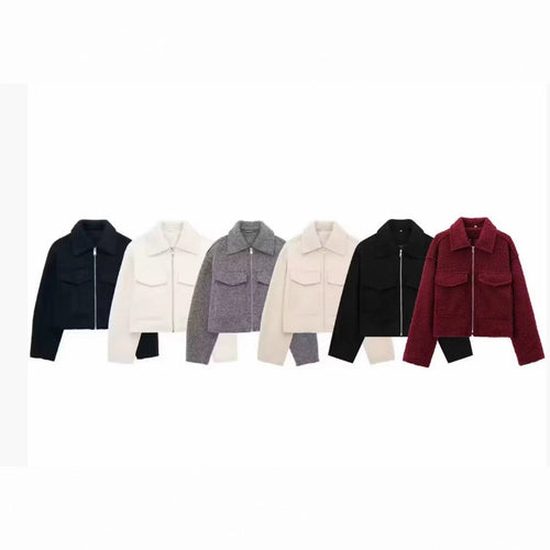 Damen 40+ kurze Woll‑Blousonjacke mit goldfarbenem Reißverschluss und aufgesetzten Pattentaschen Nord Taschen