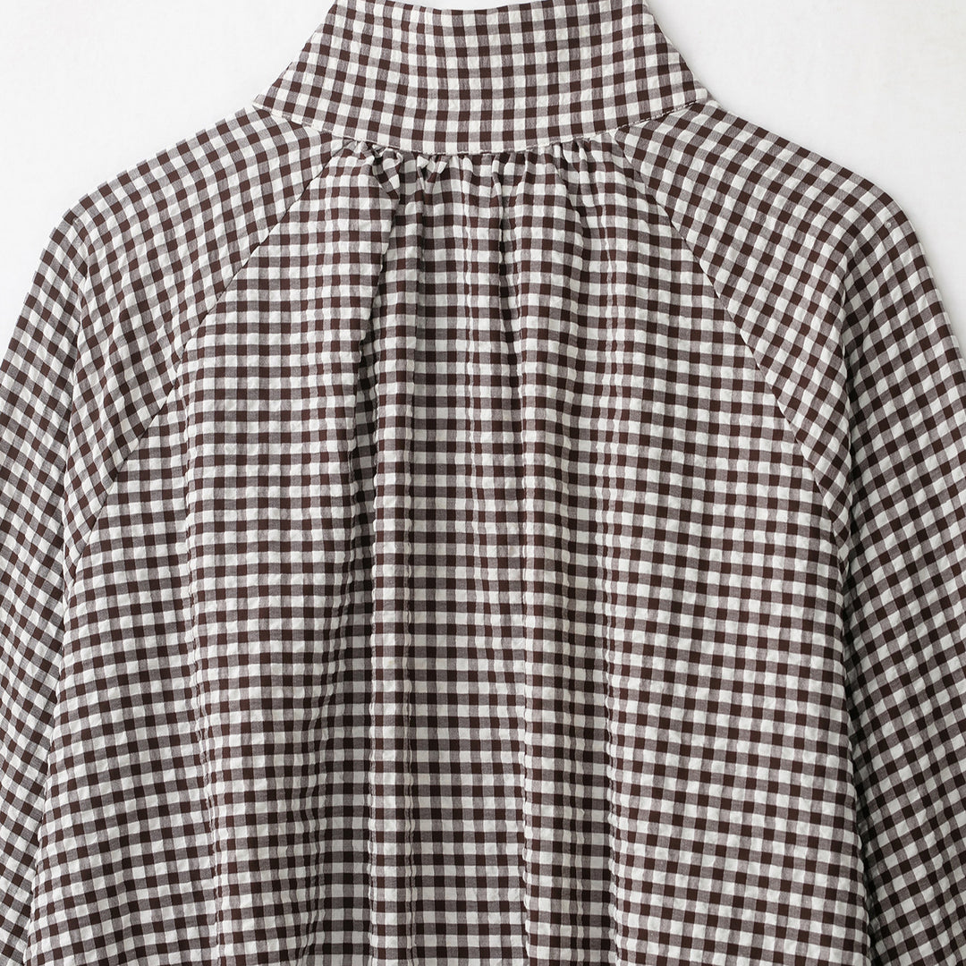 Damen Karo-Bluse mit Stehkragen, Knopfleiste und Tunnelzug-Saum Nord Taschen