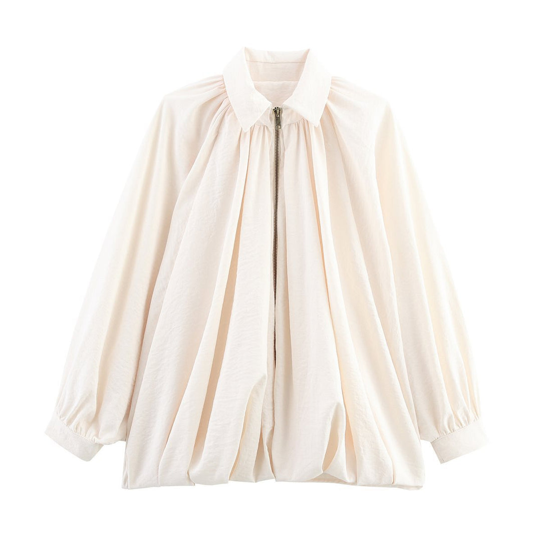 Damen Oversize-Hemdbluse mit Reißverschluss, Kräuselung und Ballonärmeln Nord Taschen