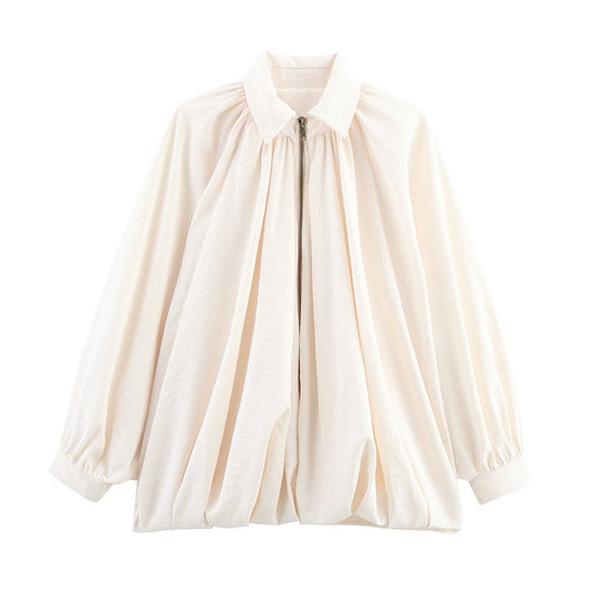 Damen Oversize-Hemdbluse mit Reißverschluss, Kräuselung und Ballonärmeln Nord Taschen